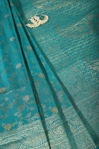 Teal Floral Zaal Woven Silk Banarasi Saree
