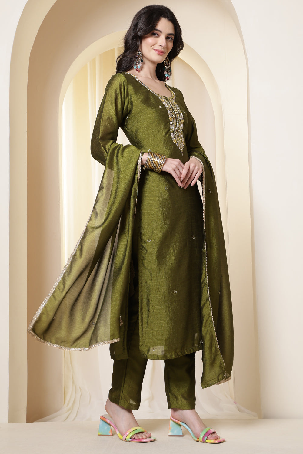 Sage Green Chinone Silk Neck-Embroidered Suit Set