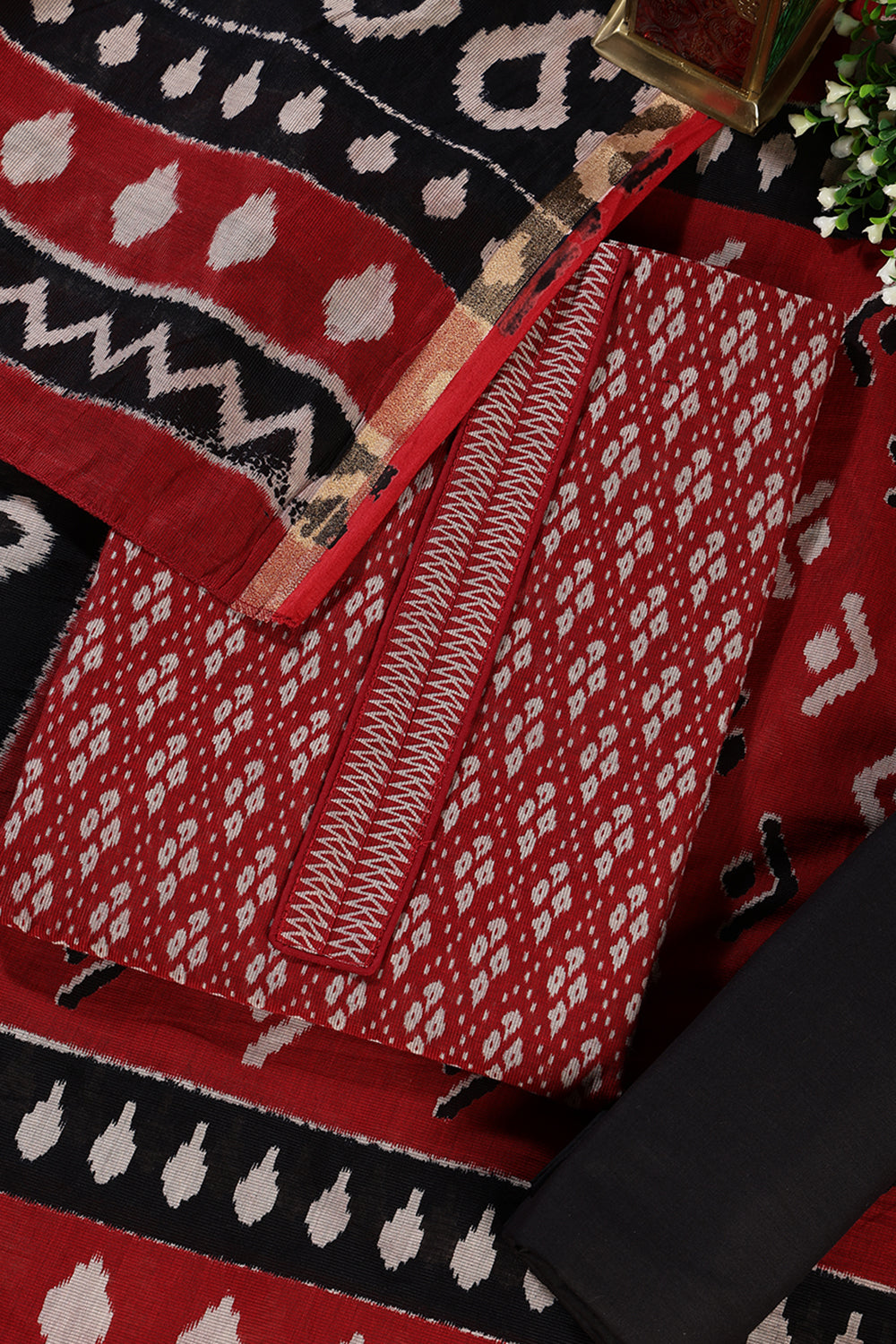 Maroon Ikkat Cotton Printed Unstitched Suit Material