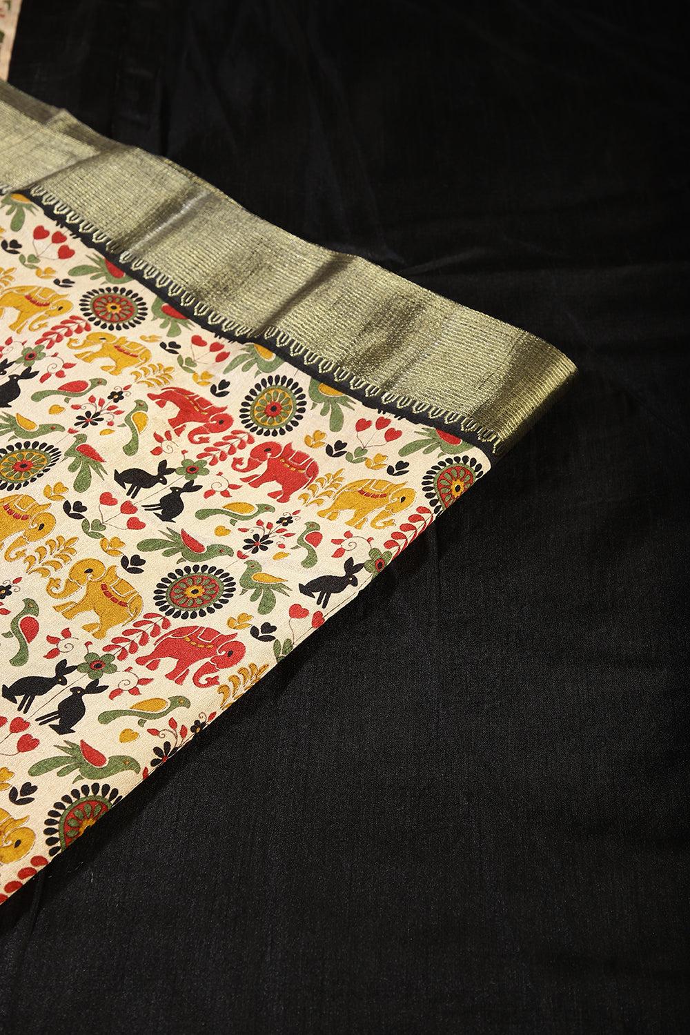 Cream & Black Color Tussar Silk Indian Folk Art Printed Saree