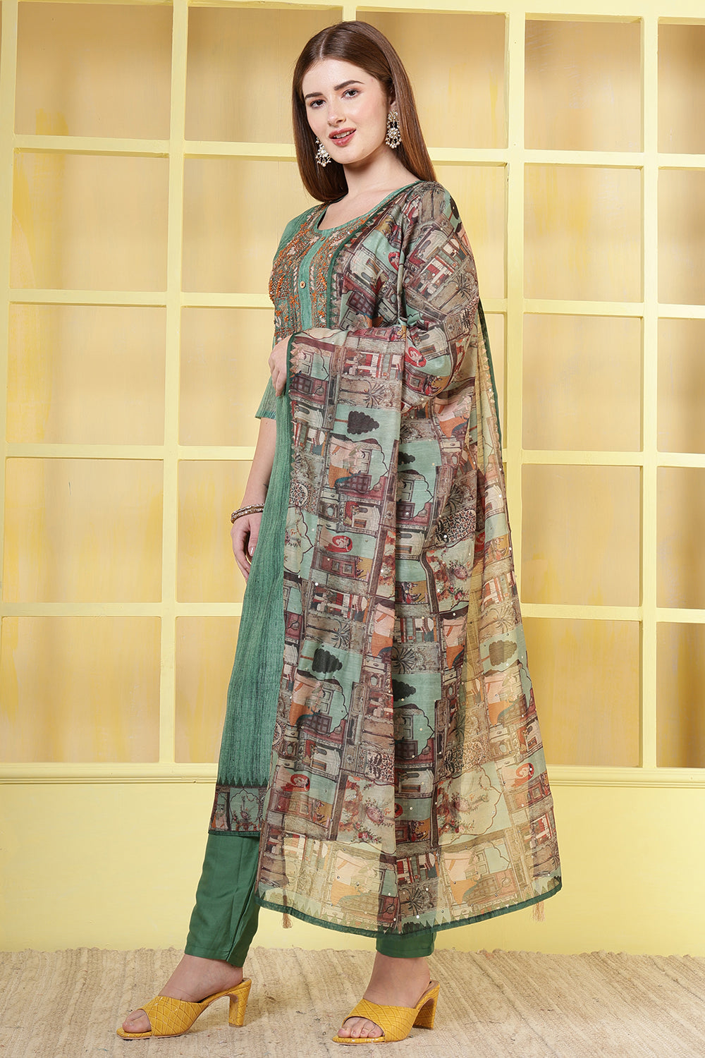 Green Chanderi Neck-Embroidered Straight Suit