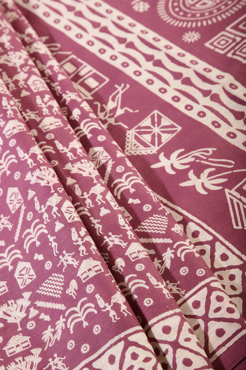 Dusty Mauve Color Cotton Folk Printed Saree