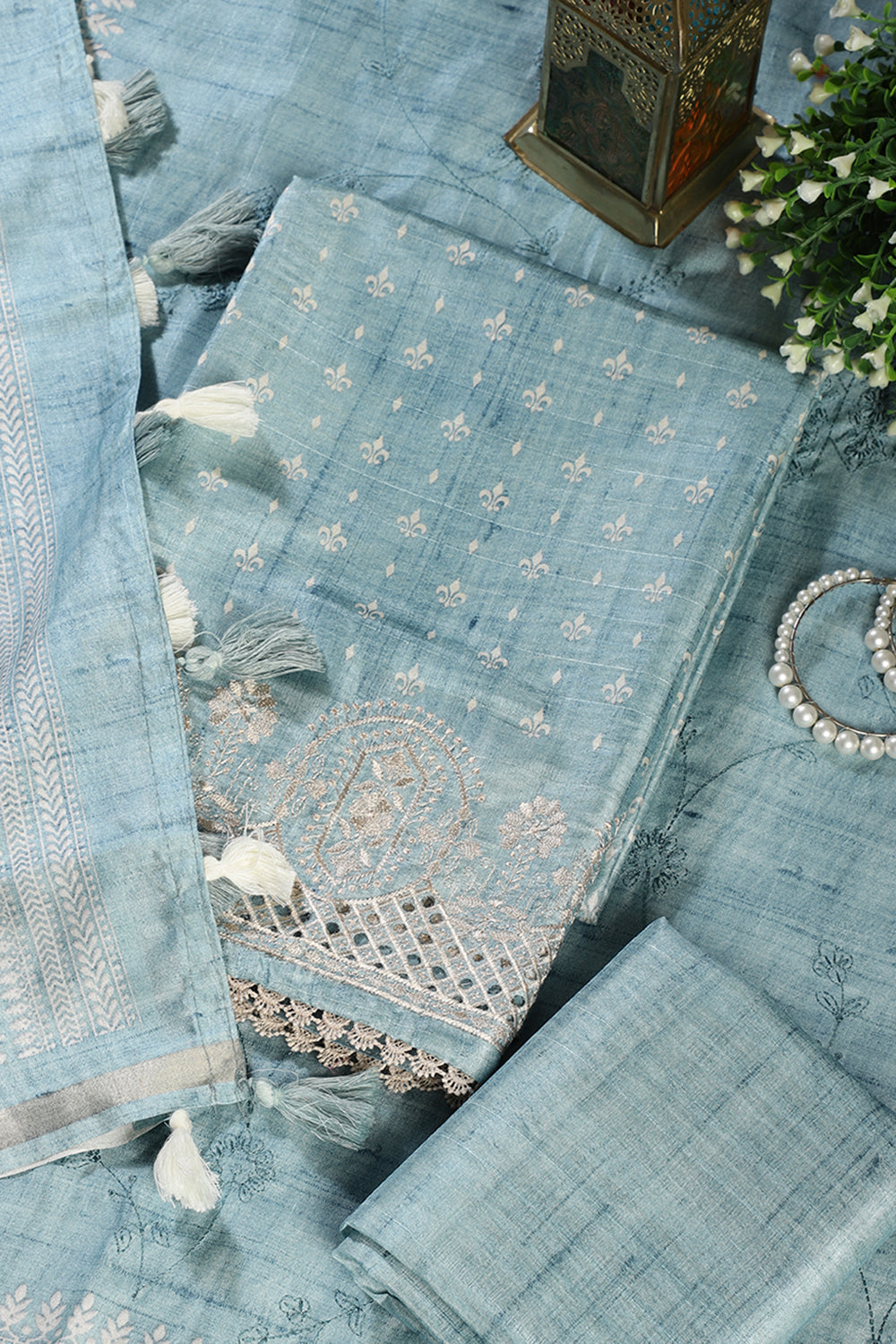 Turquoise Tussar Cotton Printed And Reham Embroidered Unstiched Suit Material