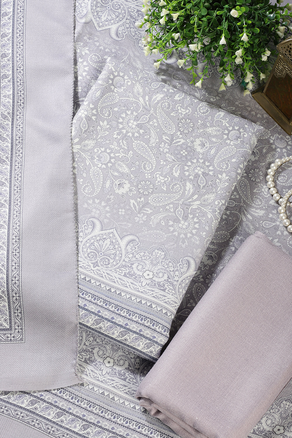 Light Lavender Digital Printed Pashmina Unstitched Suit Material