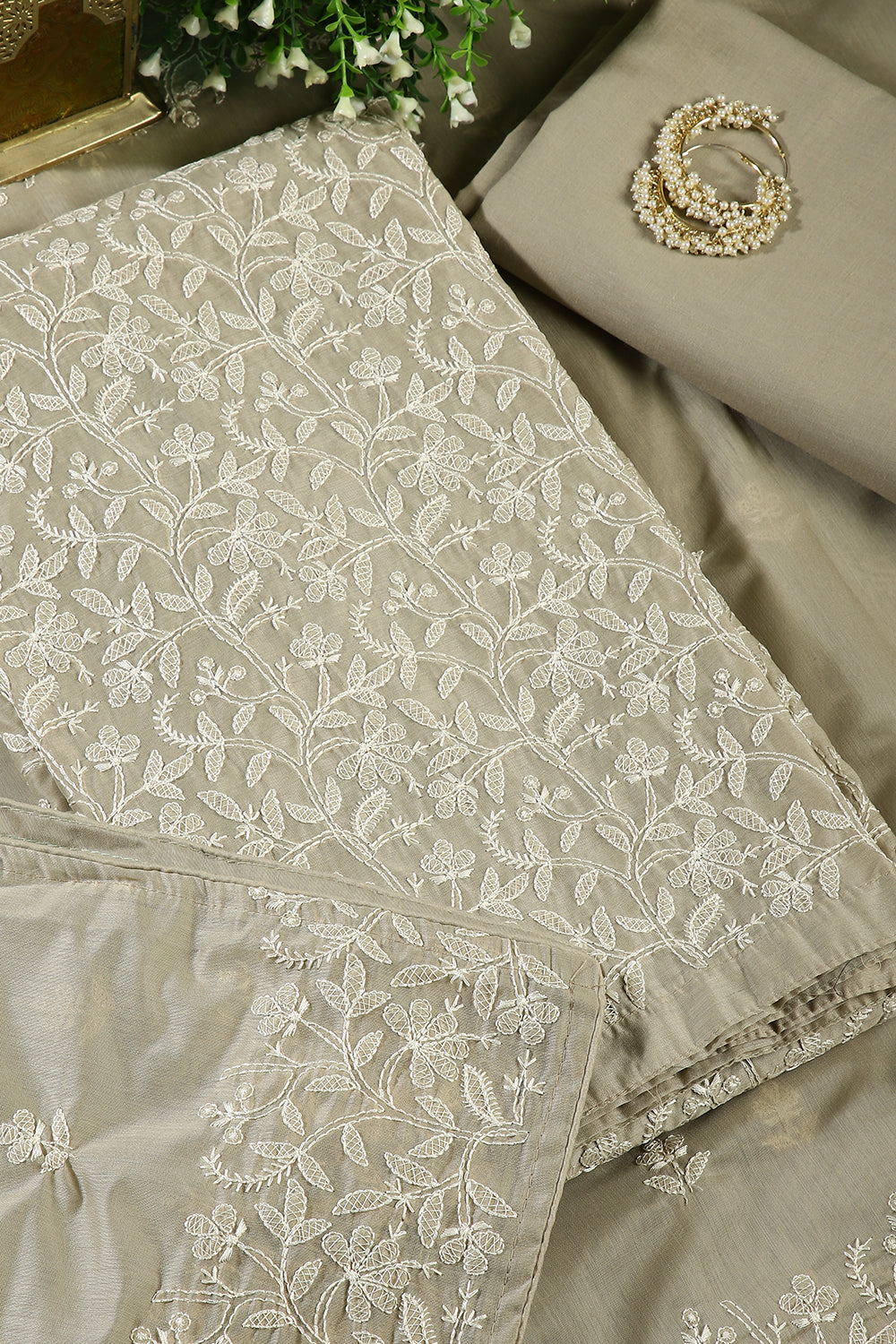 Greenish Grey Colour Resham Embroidered Chanderi Unstitched Suit