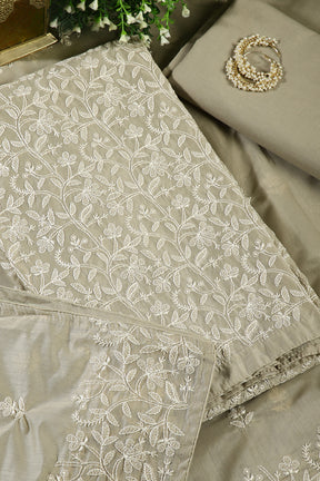Greenish Grey Colour Resham Embroidered Chanderi Unstitched Suit