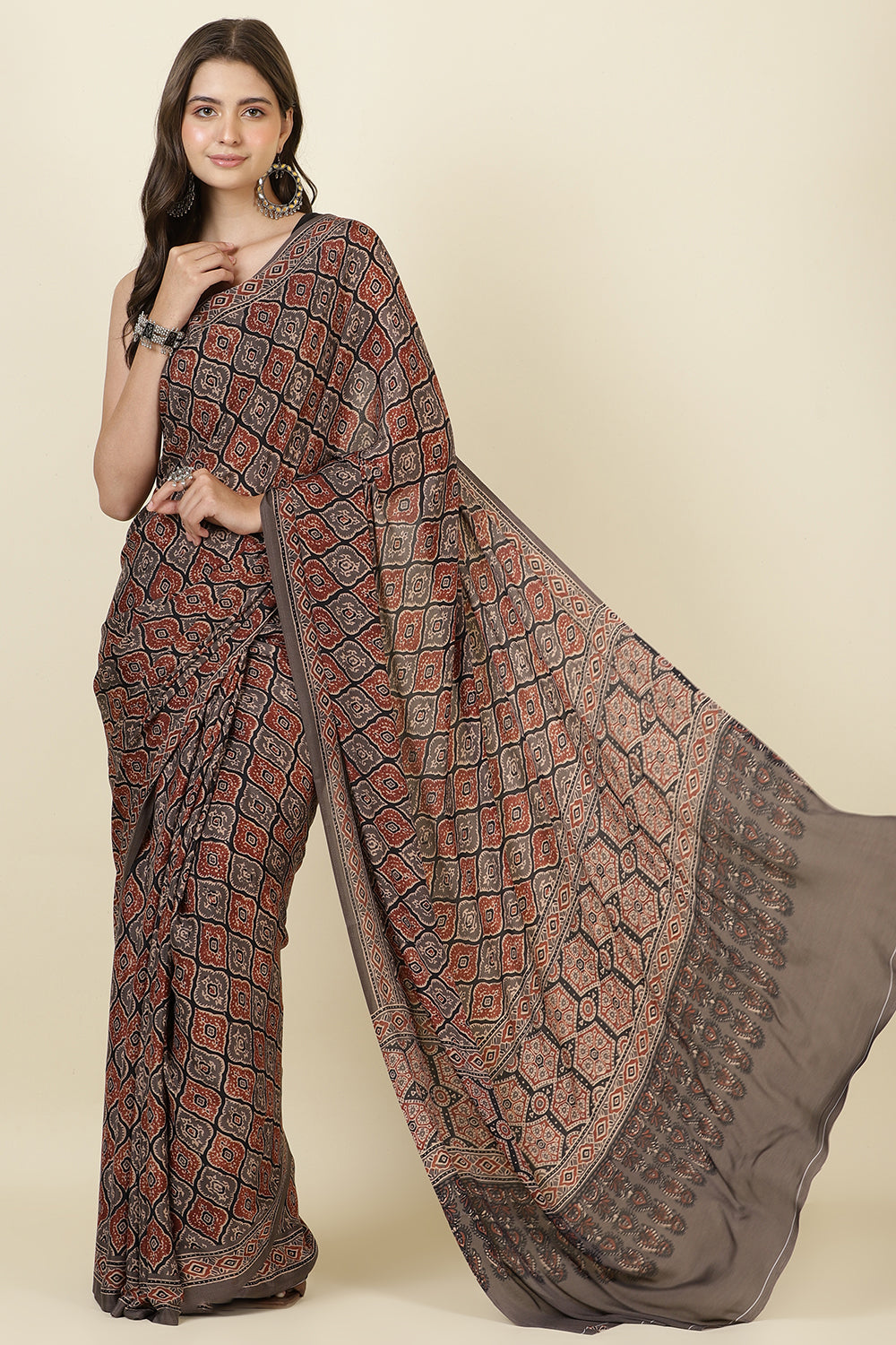 Brown Crepe Printed Saree