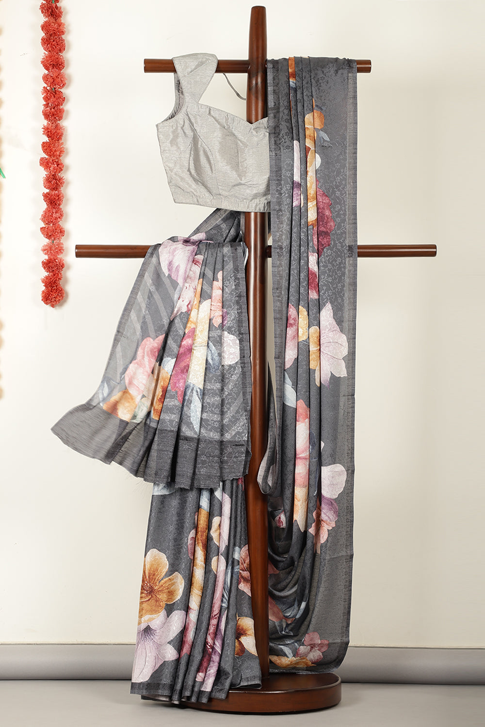 Grey Printed Jacquard Silk Saree