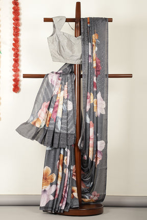 Grey Jacquard Silk Lasa Printed Saree