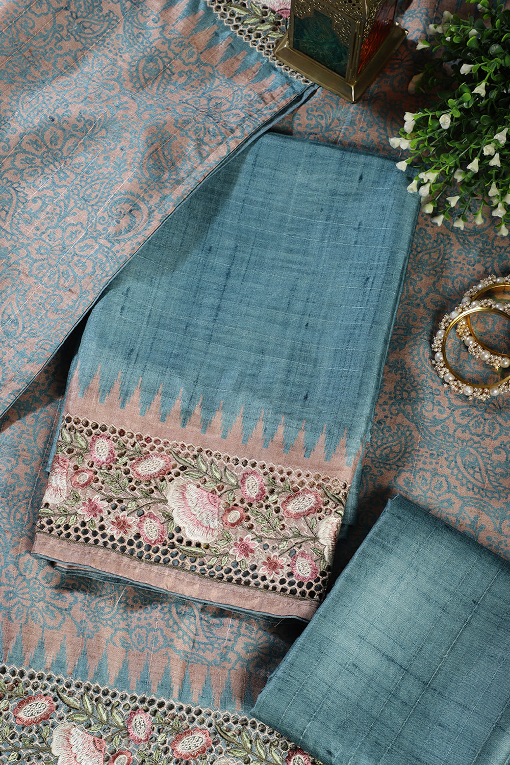 Cadet Blue Tussar Cotton Floral Lace Work Unstiched Suit Material