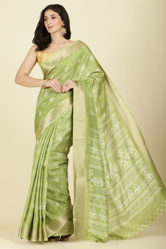 Light Green Cotton Silk Printed And Zari Woven Saree