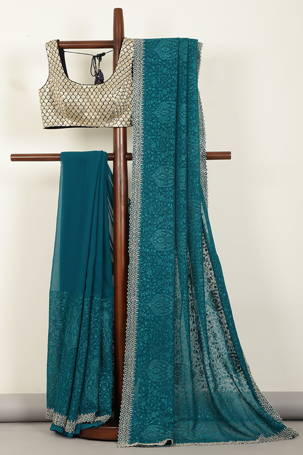Teal Green Color Georgette Resham Floral Jal Woven And Swarovski Work Saree