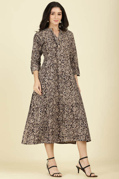 Black Cotton Kalamkari Printed Peonies Dress