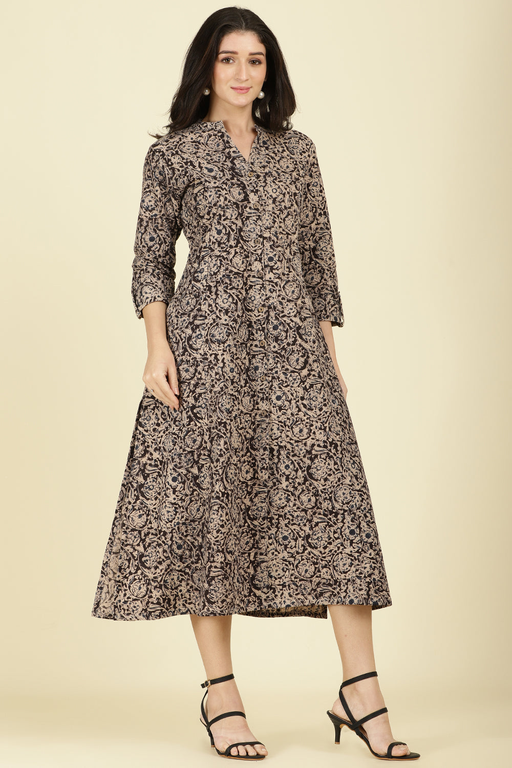 Black Cotton Kalamkari Printed Peonies Dress
