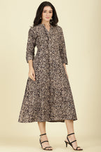 Black Cotton Kalamkari Printed Peonies Dress