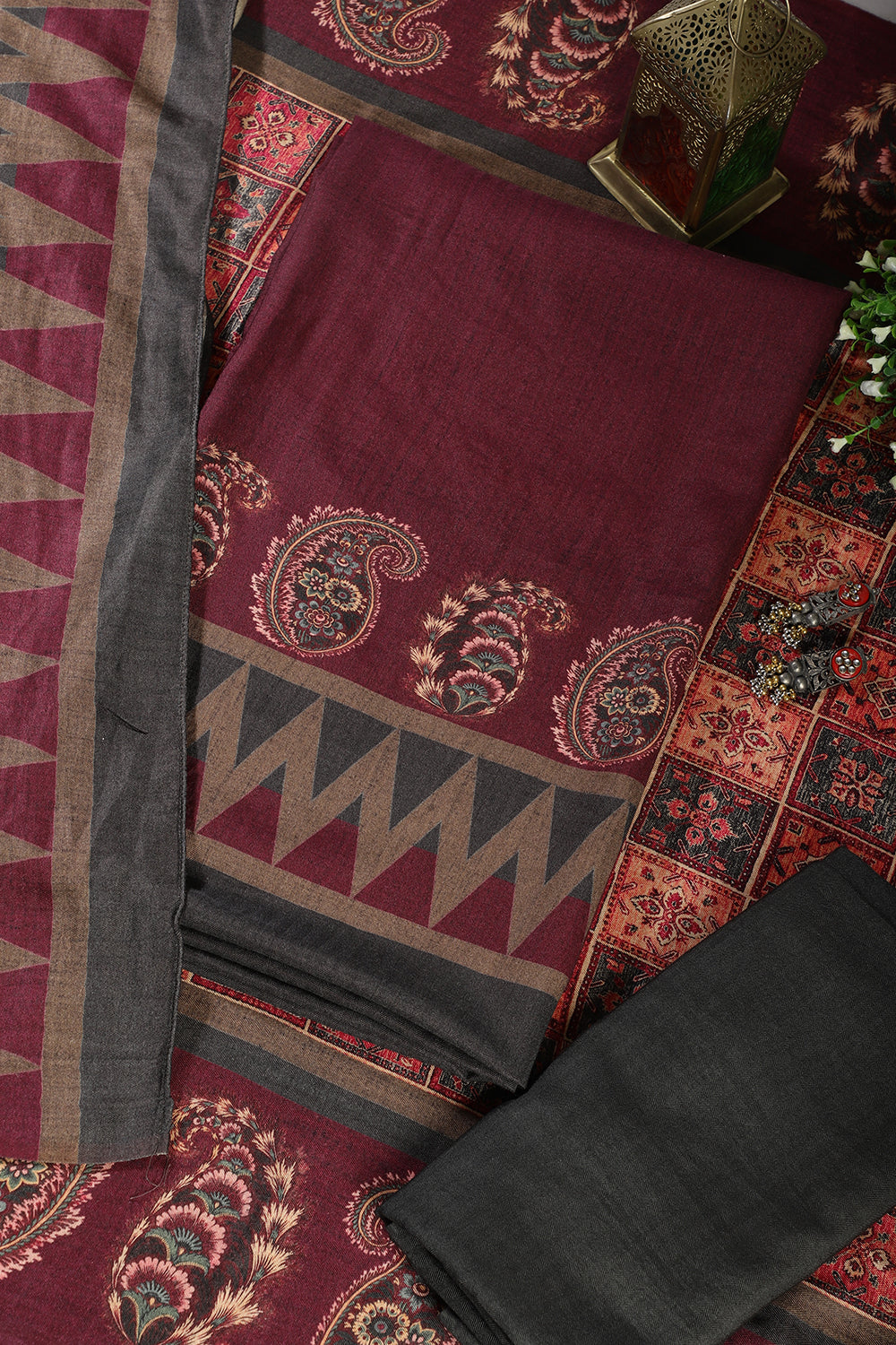 Wine Spun Printed Unstitched Suit