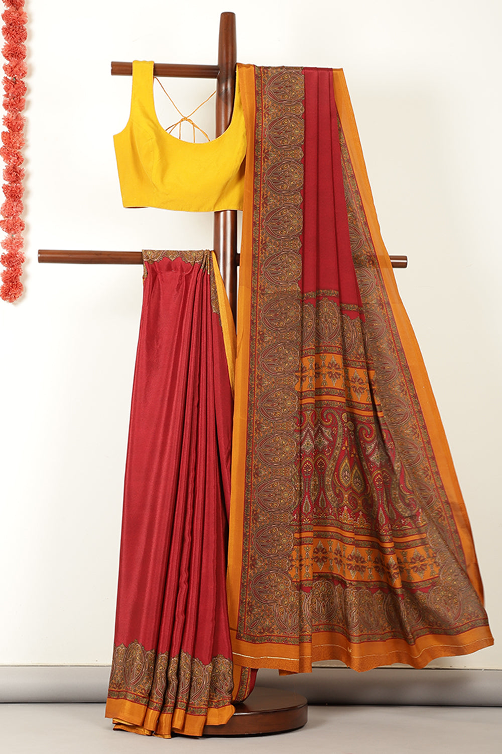 Maroon Kashmiri-Inspired Floral Printed Crepe Saree
