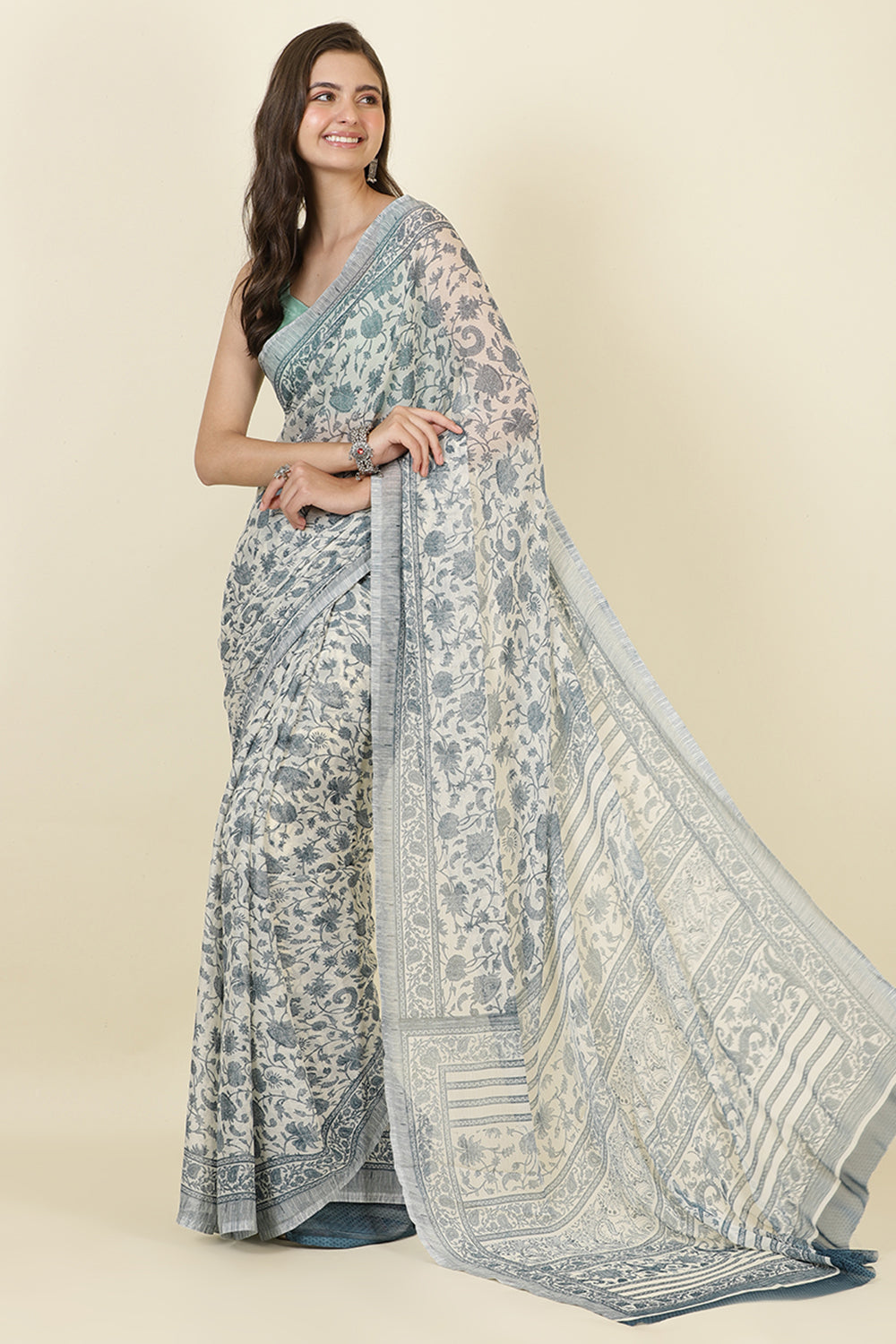 White & Blue Georgette Floral Printed Saree