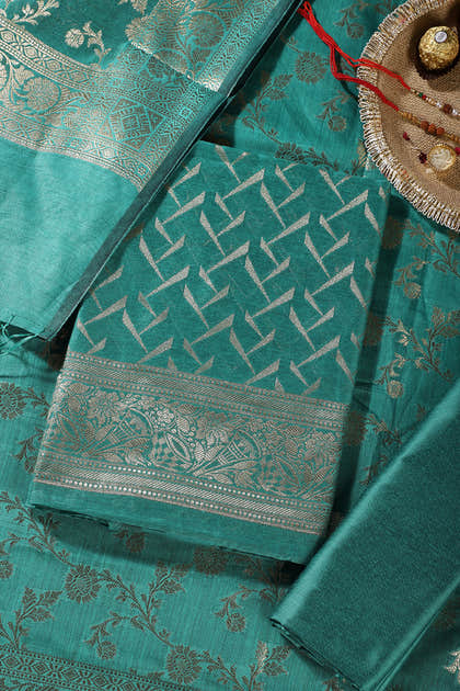 Teal Green Colour Zari Woven Silk Unstitched Suit Material