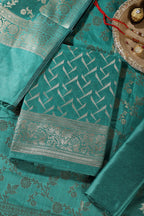 Teal Green Colour Zari Woven Silk Unstitched Suit Material