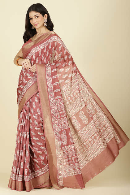 Light Maroon Cotton Silk Boota Printed And Zari Woven Saree