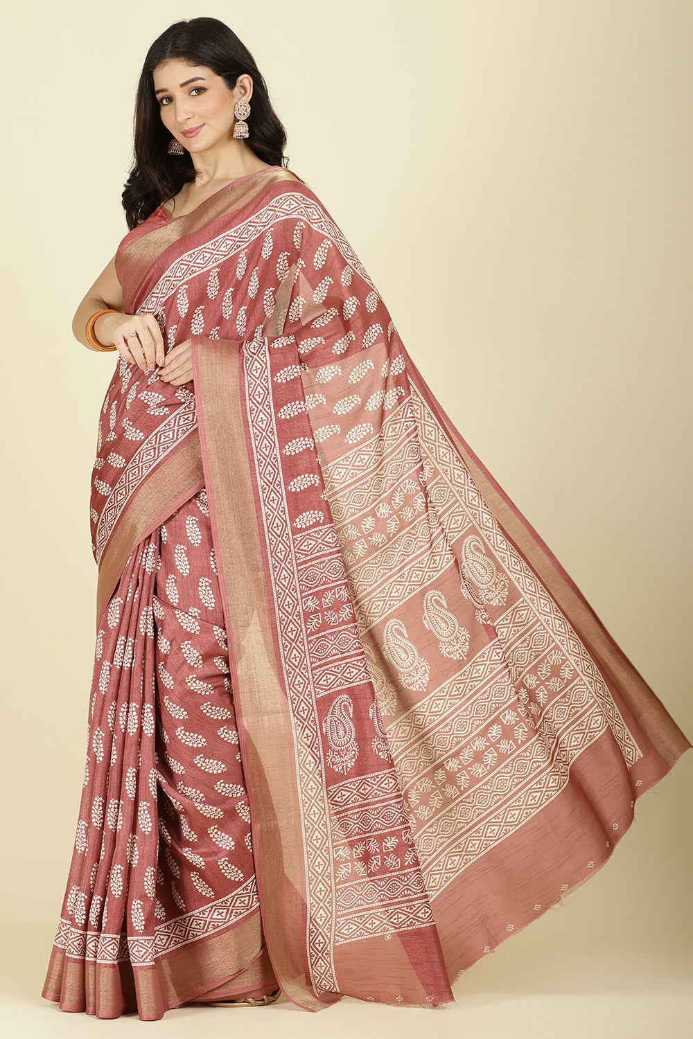 Light Maroon Cotton Silk Boota Printed And Zari Woven Saree