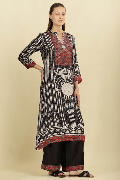 Black Muslin Ajrakh Printed Suit with Palazzo
