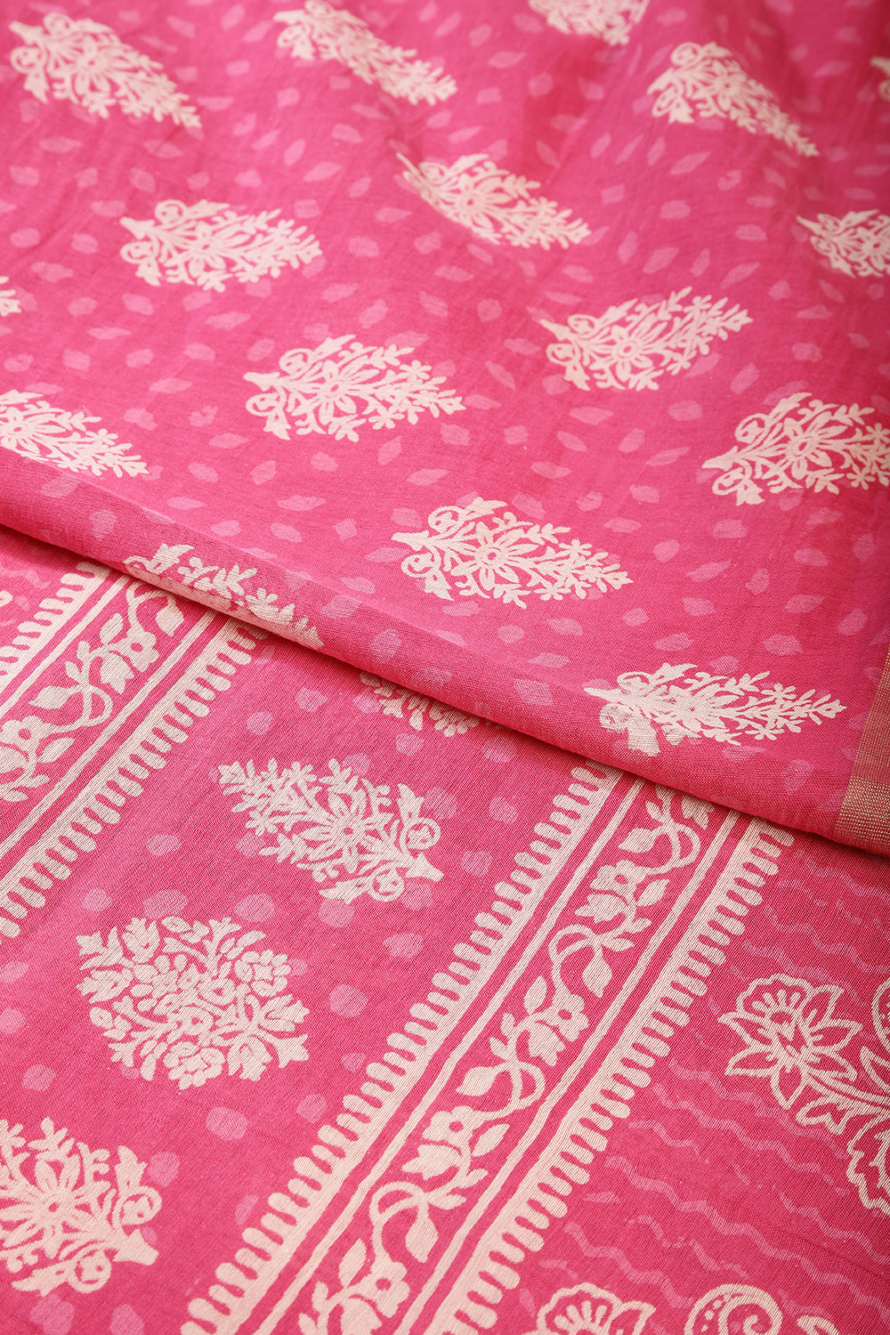 Magenta Pink Color Cotton Hand-Block Style Printed Saree