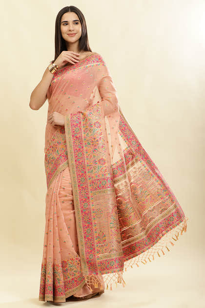 Peach Chanderi Cotton kashida Weaves Saree