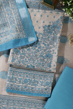 Beige & Blue Floral Printed Unstitched Suit Fabric
