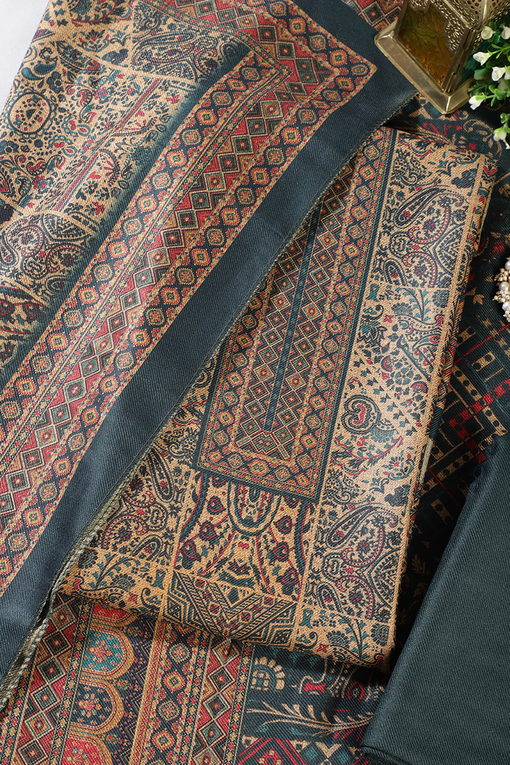 Teal Pashmina Digital Printed Unstitched Suit Material