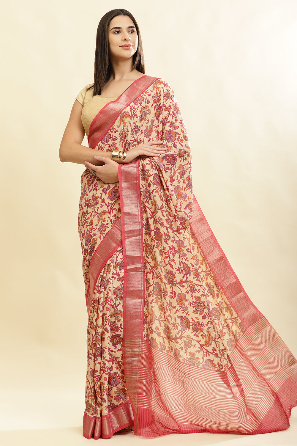 Beige & Pink Cotton Silk Floral Printed Saree