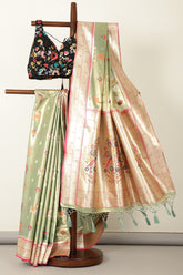 Gold & Green Duo-Chrome Tissue Silk  Pathani Work Saree