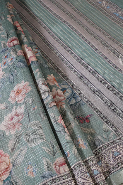 Sage Green Floral Printed Metallic Tissue Saree