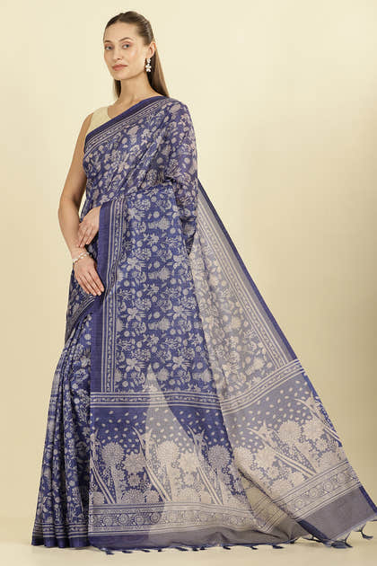 Indigo Kota Cotton Floral Jaal Printed Saree