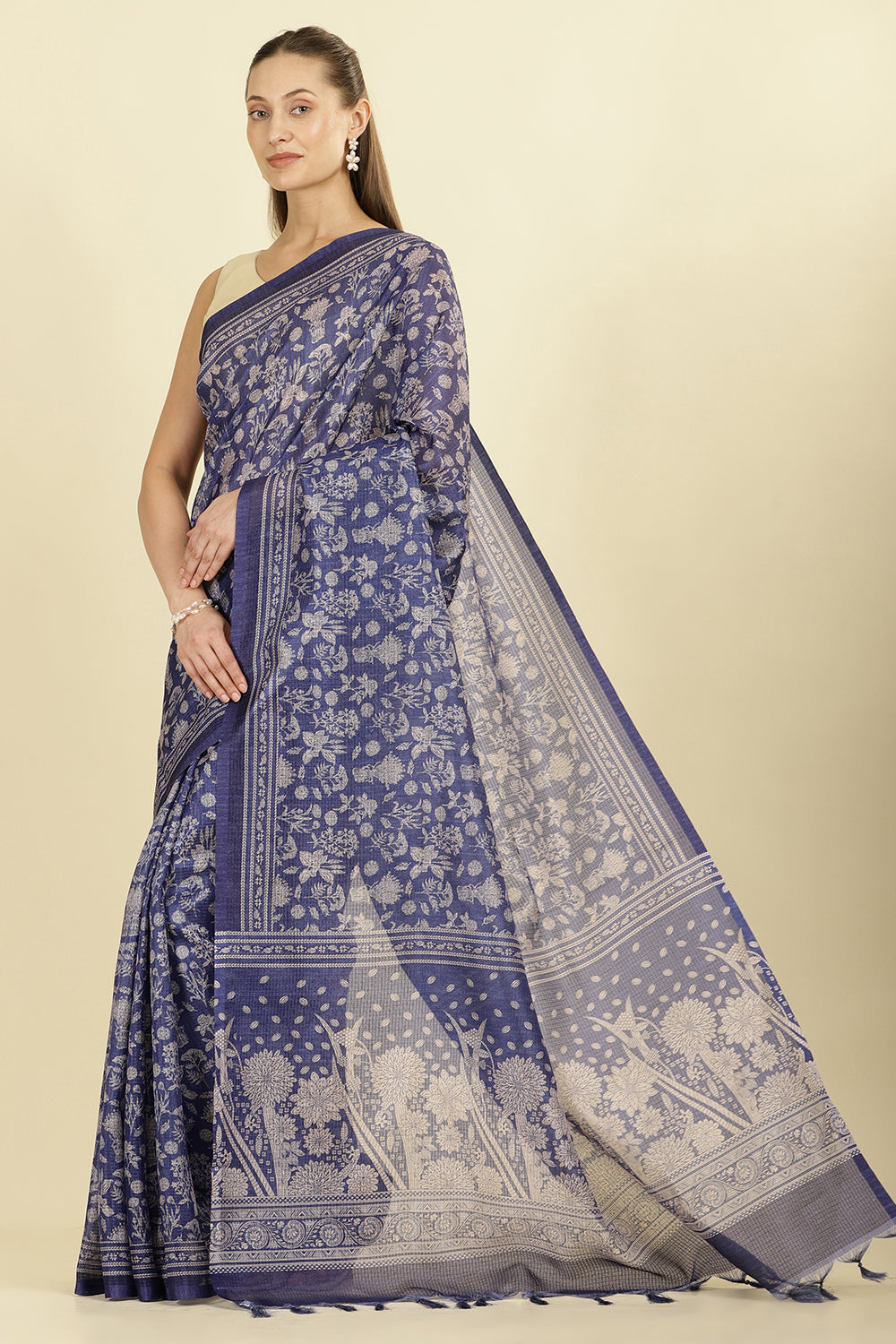 Indigo Kota Cotton Floral Jaal Printed Saree