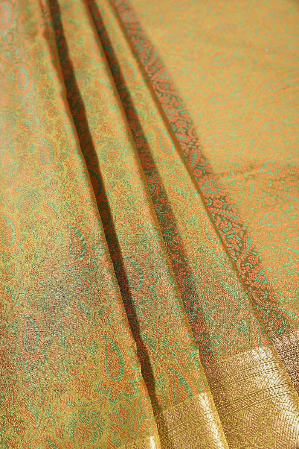 Olive Green Silk Floral and Paisley Resham & Zari Woven Saree