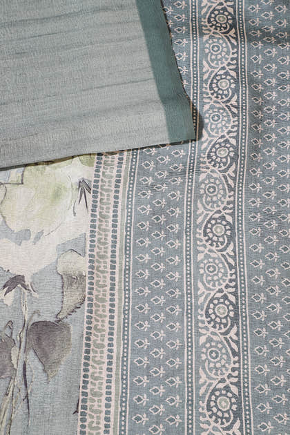 Sea Green Floral Printed Tussar Silk Saree