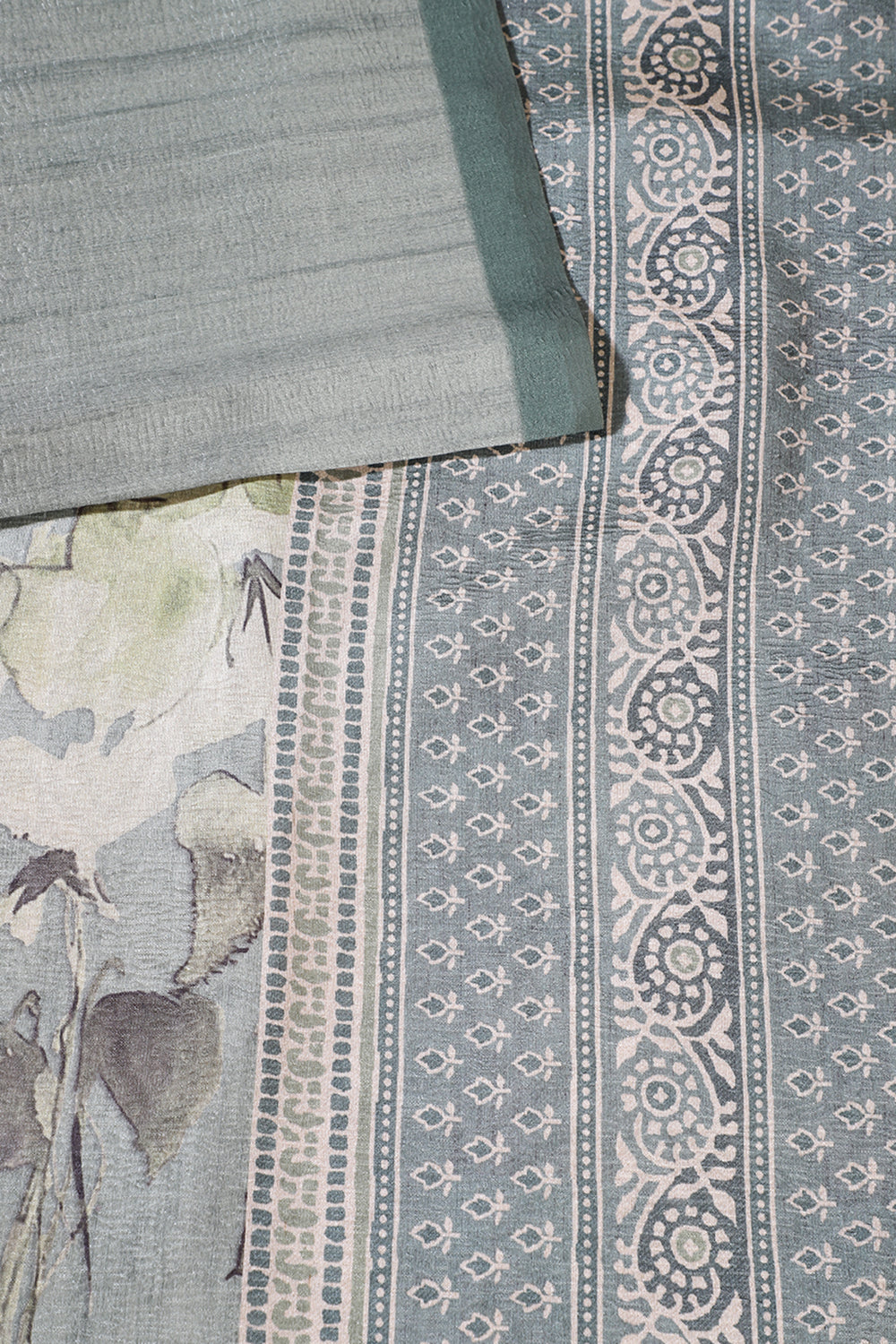 Sea Green Floral Printed Tussar Silk Saree