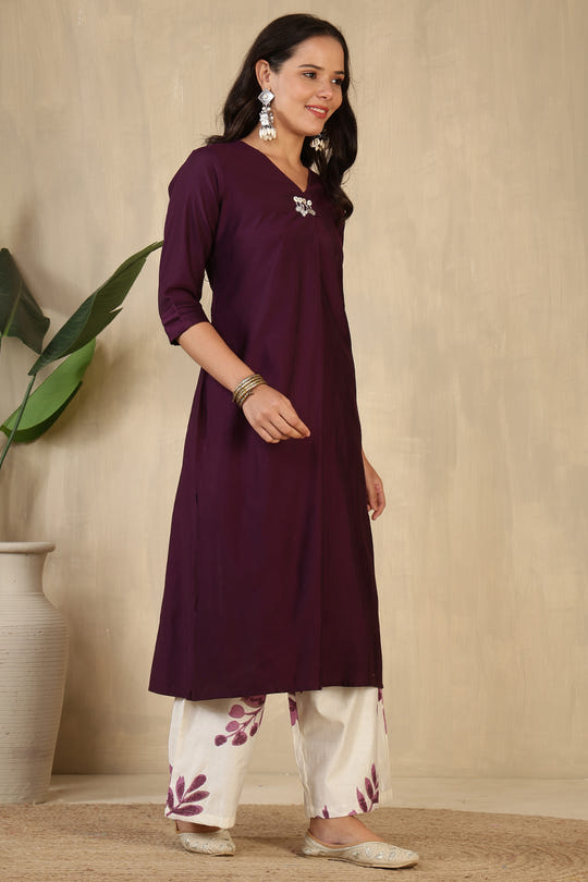 Wine Chanderi Cotton Kurta Set