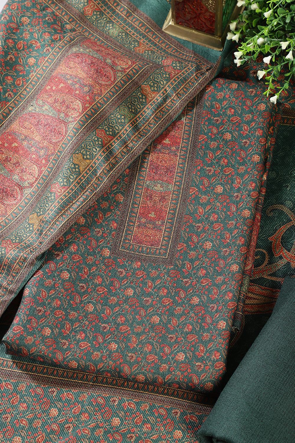 Green Pashmina Floral Printed Unstitched Suit Material