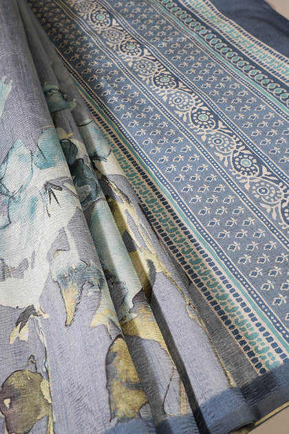 Bluish Grey Floral Printed Tussar Silk Saree