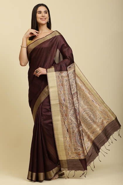 Wine Color Cotton Silk Madhubani Print Saree
