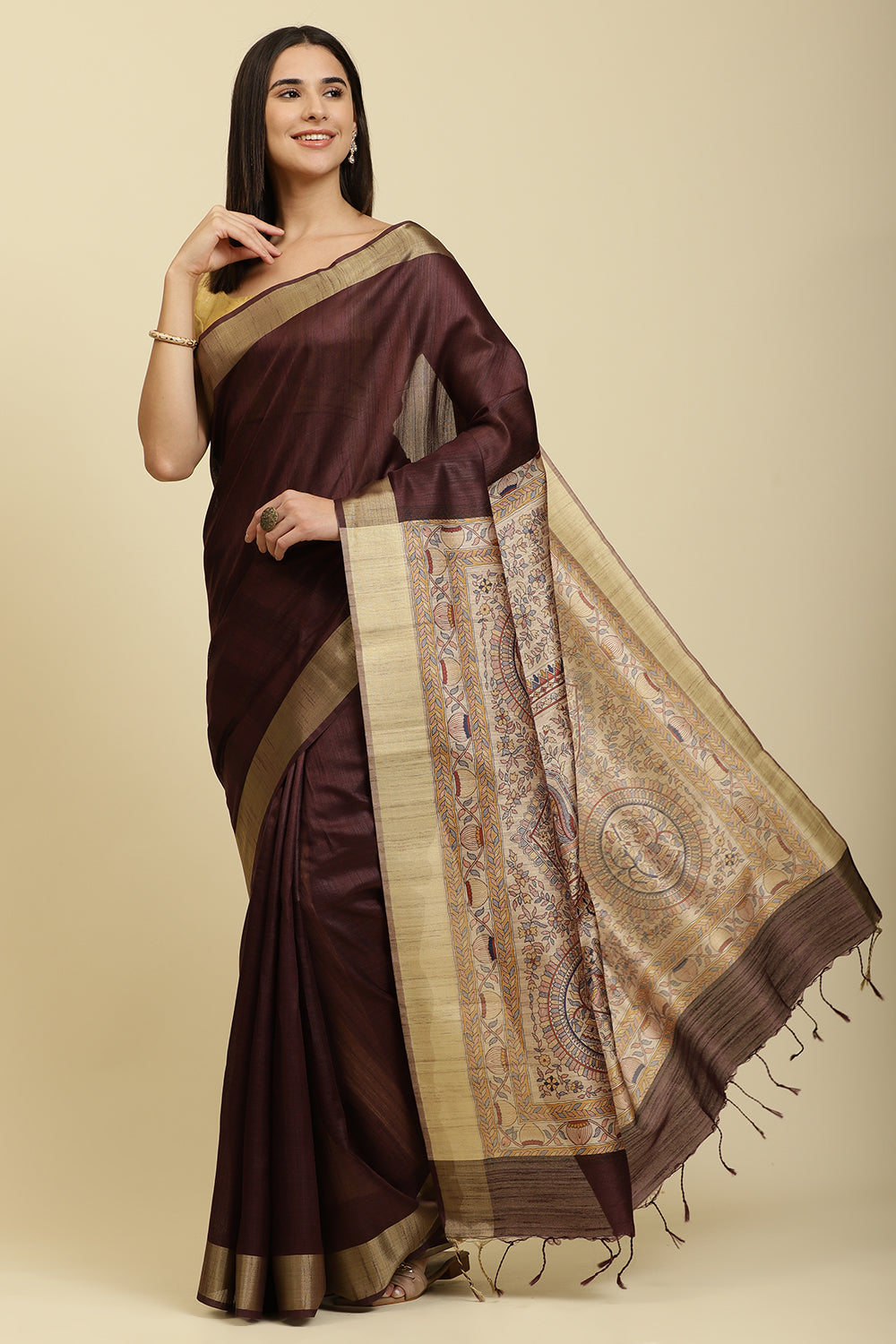 Wine Color Cotton Silk Madhubani Print Saree