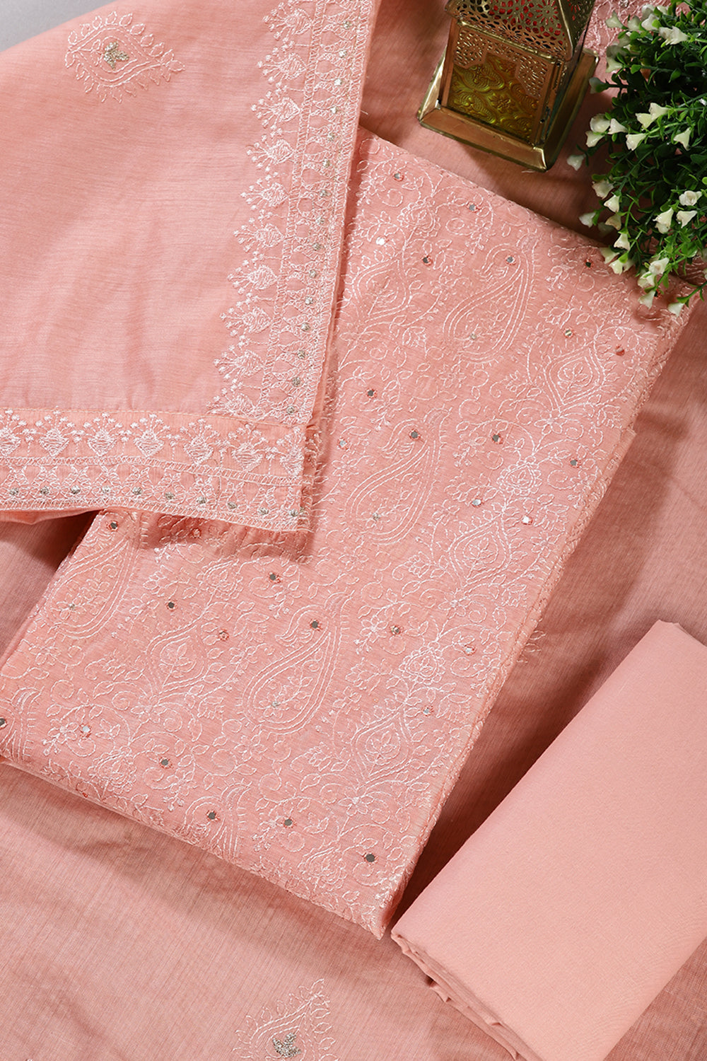 Dusty Pink Chanderi Resham Embroidered Unstitched Suit