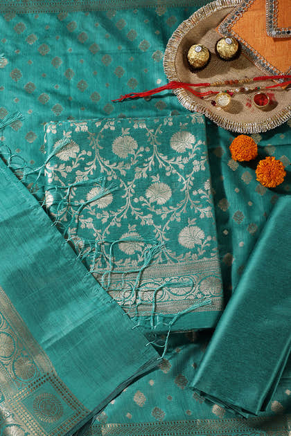 Teal Green Colour Zari Woven Silk Unstitched Suit Fabric