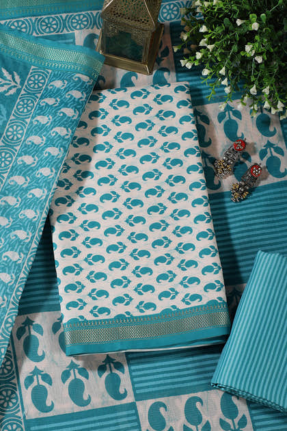 Cream & Teal Cotton Dabu Block Print Unstitched Suit Material