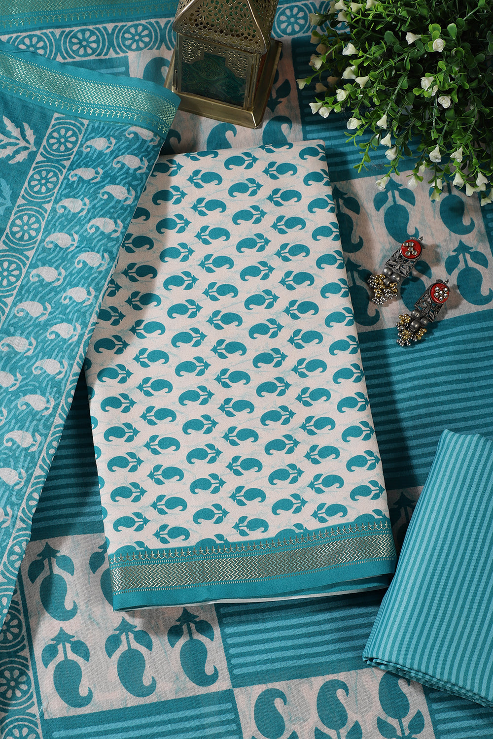 Cream & Teal Cotton Dabu Block Print Unstitched Suit Material