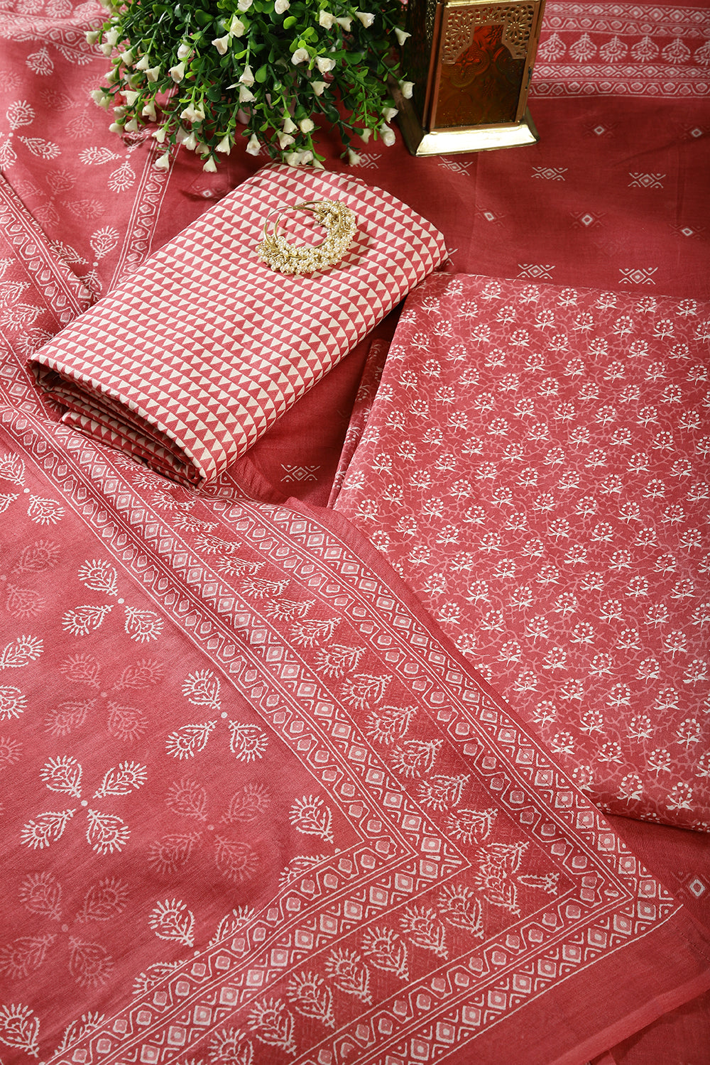 Peach Color Cotton Printed Unstitched Suit