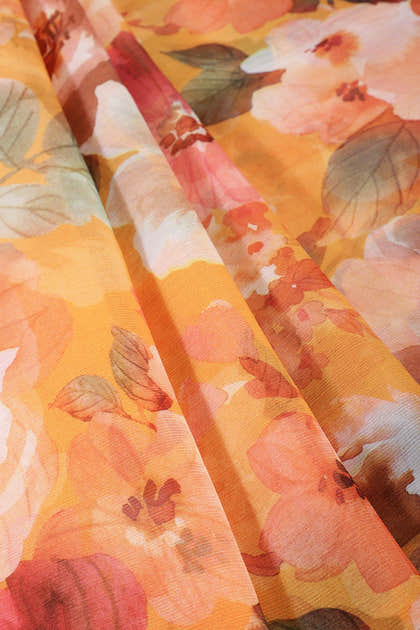 Mustard Color Floral Printed Chiffon Saree